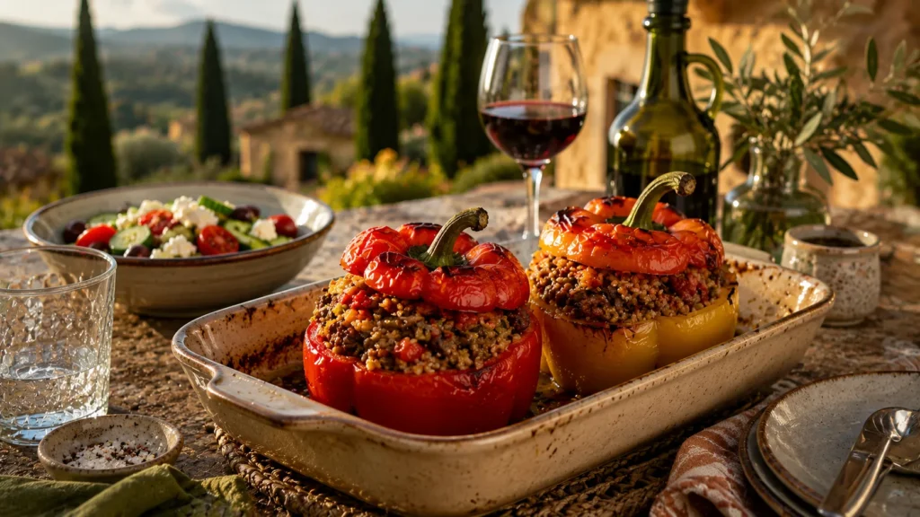 Mediterranean Stuffed Peppers with Beef, Bulgur and Tomato