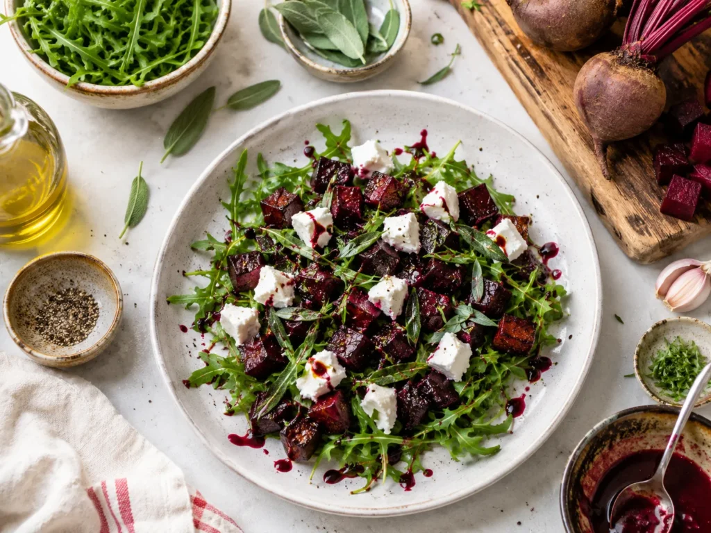 Grilled Beetroot Salad with Goat Cheese, Sage and Balsamic Dressing