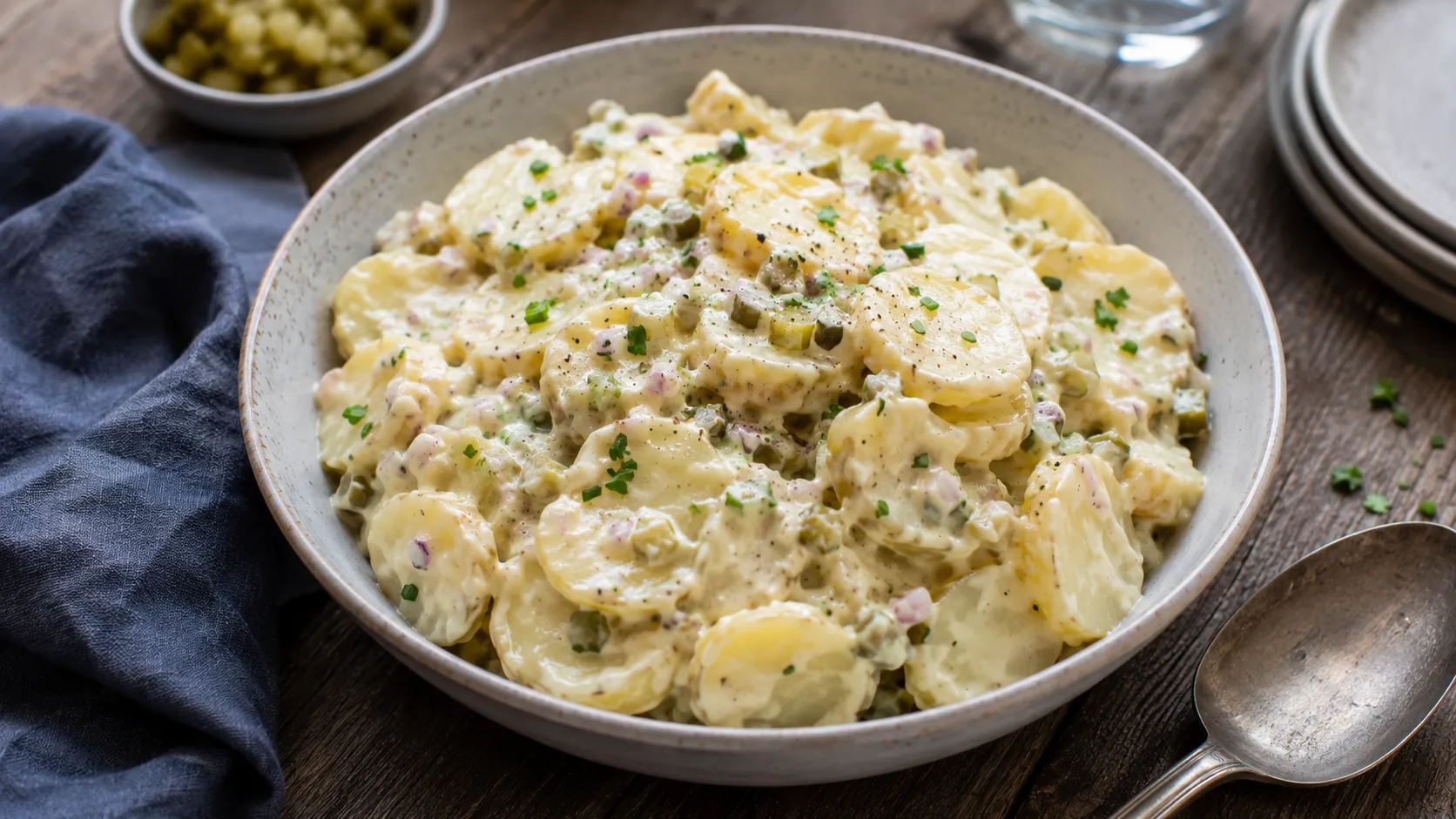 Creamy German Potato Salad with Yoghurt, Pickles and Fresh Chives