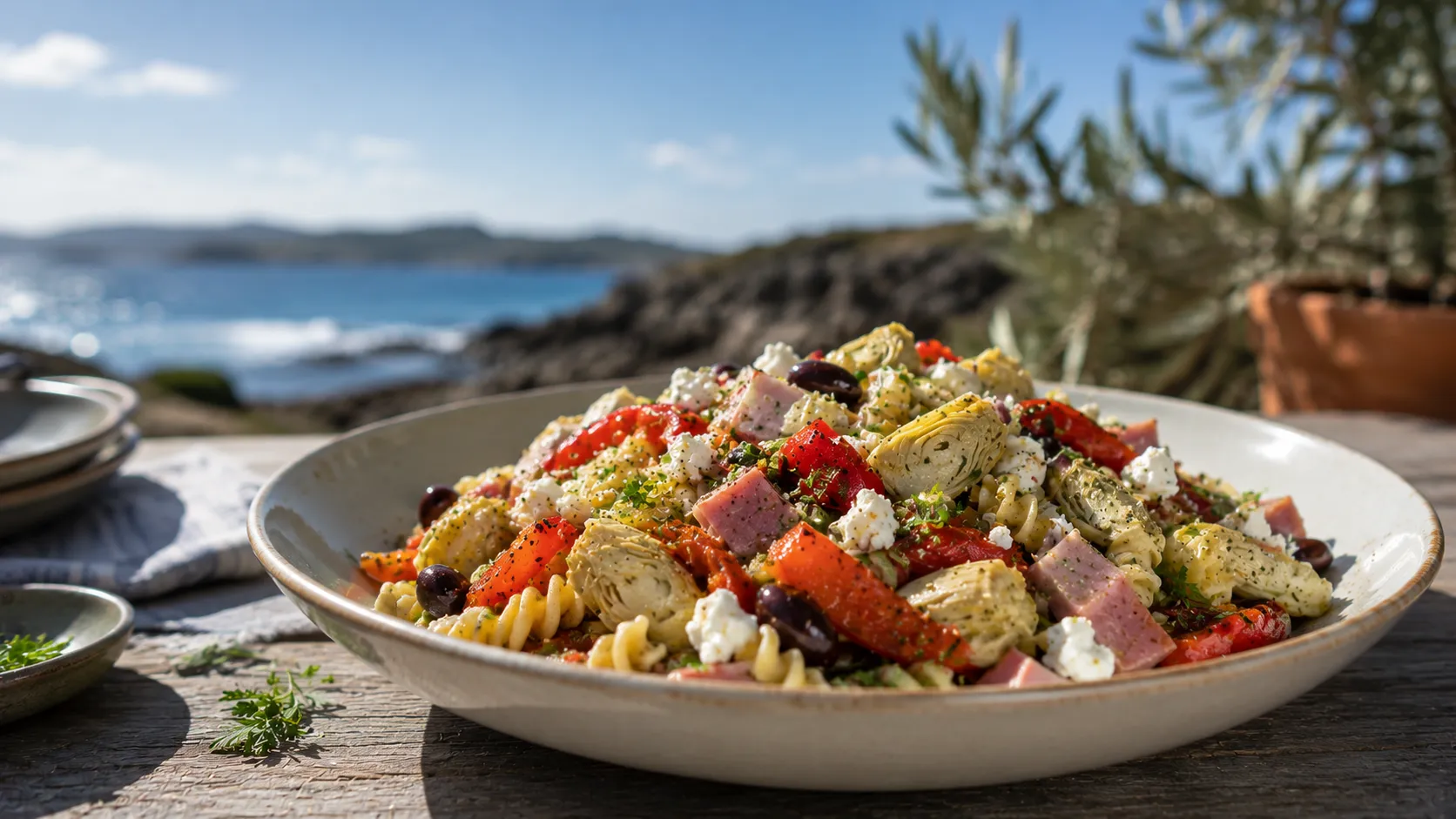 Greek Pasta Salad with Roasted Pepper, Artichoke & Ham