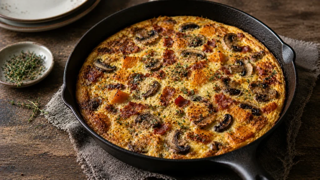Golden Mushroom, Pumpkin and Bacon Frittata with Parmesan Cheese
