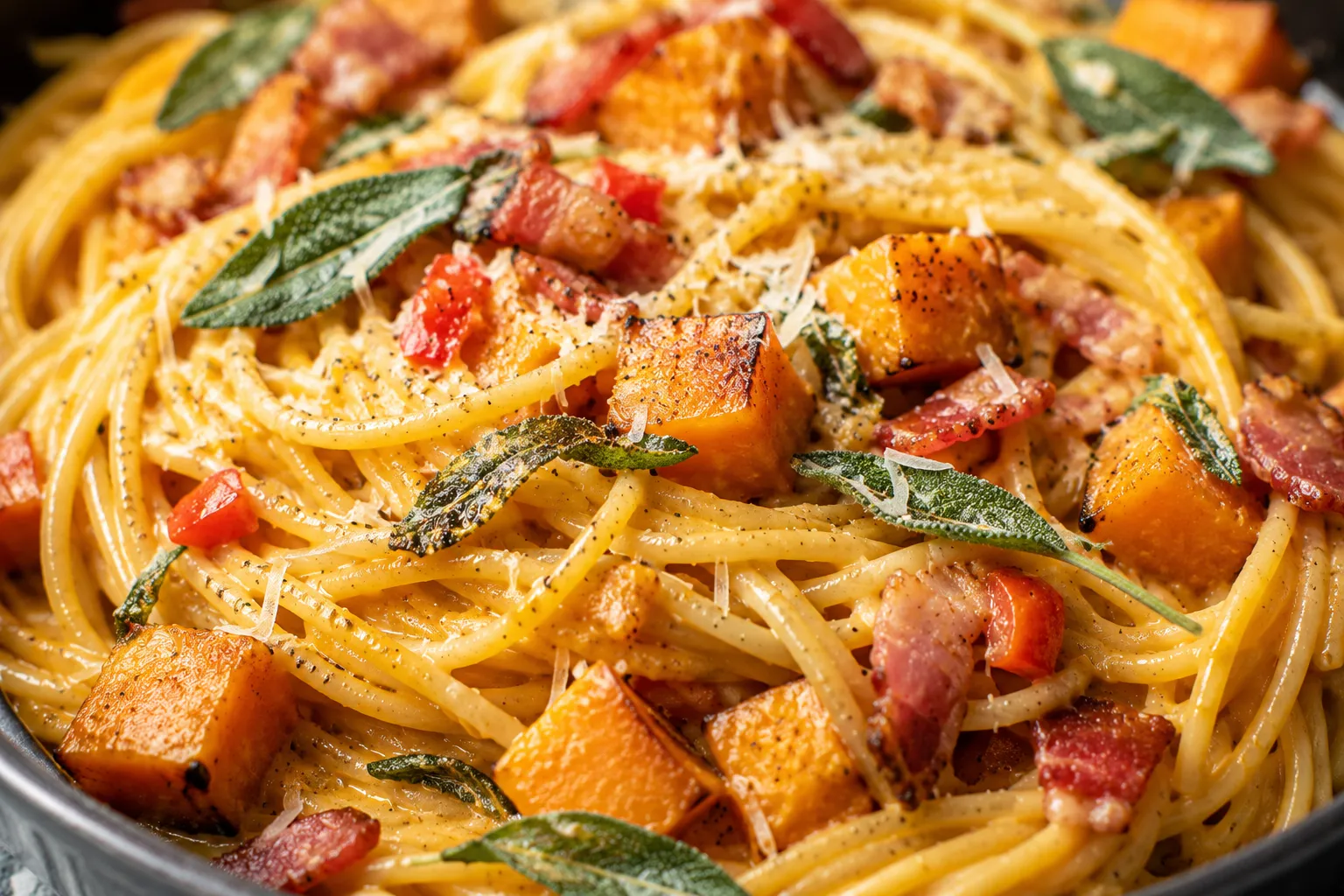 Creamy Roasted Hokkaido Pumpkin Spaghetti with Bacon, Sage and Parmesan