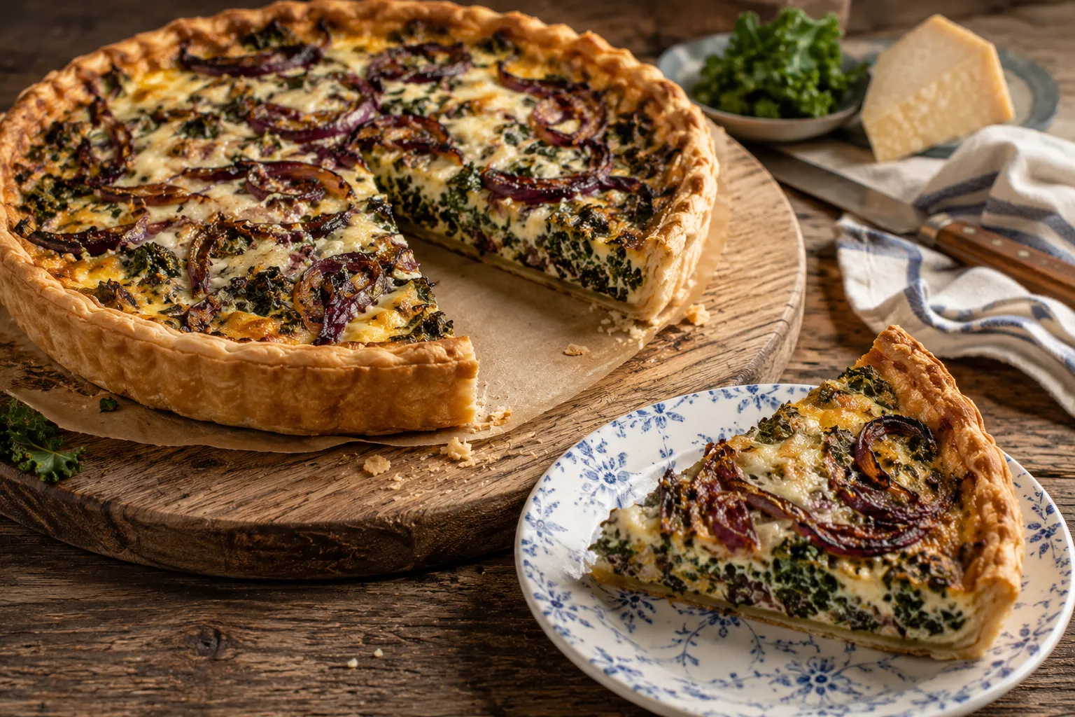Caramelised Red Onion and Curly Kale Quiche with Parmesan and Mozzarella
