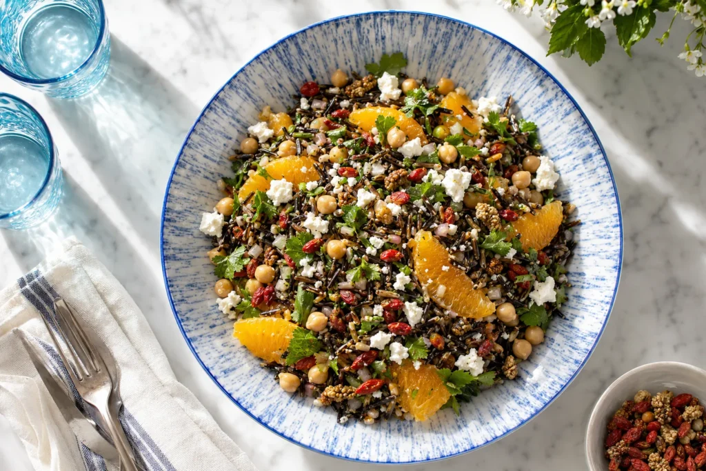 Wild Rice, Chickpea and Feta Superfood Salad with Fresh Herbs and Lemon
