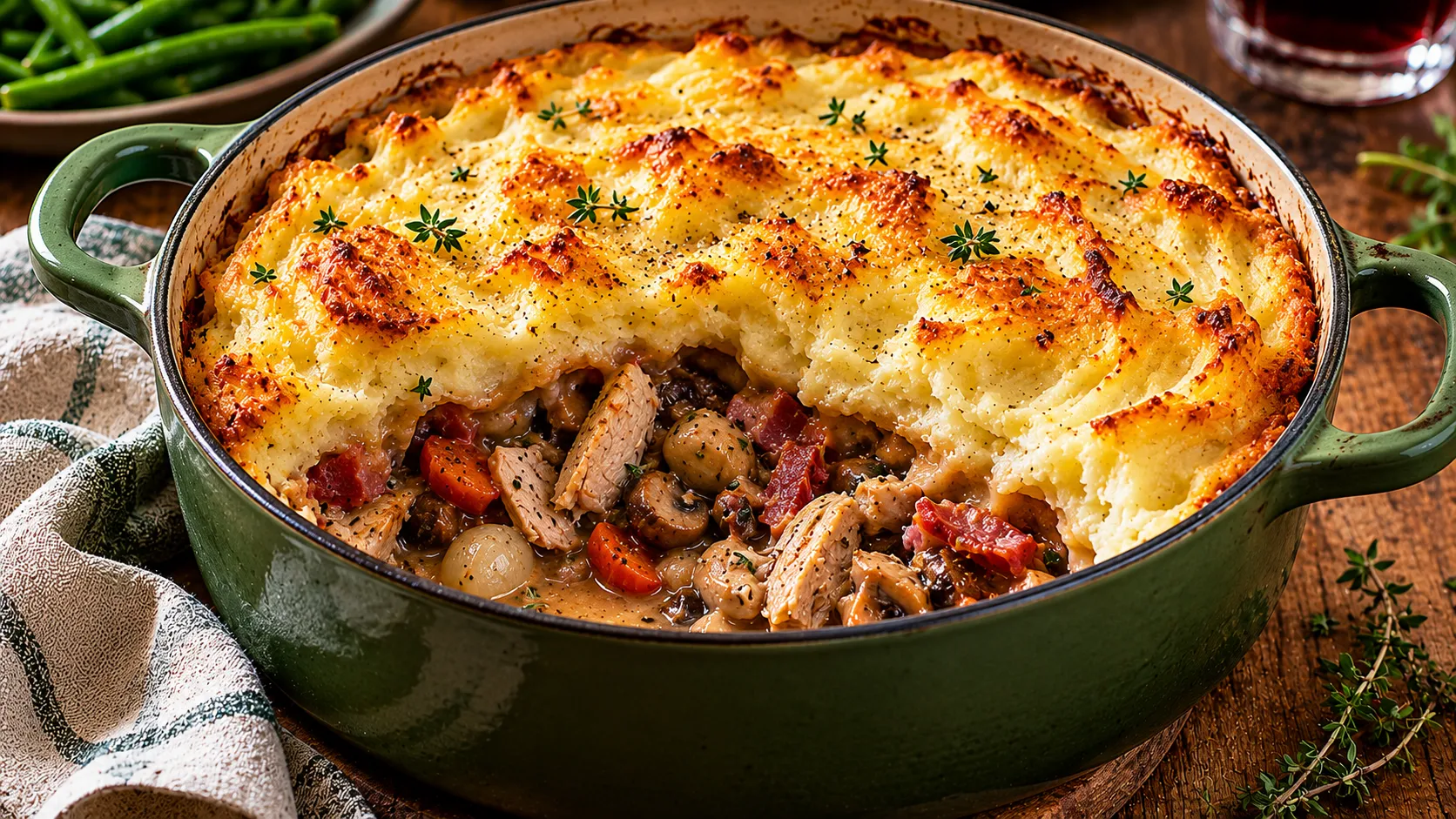 Coq au Vin Chicken and Bacon Pie with Red Wine Sauce and Cheesy Mash