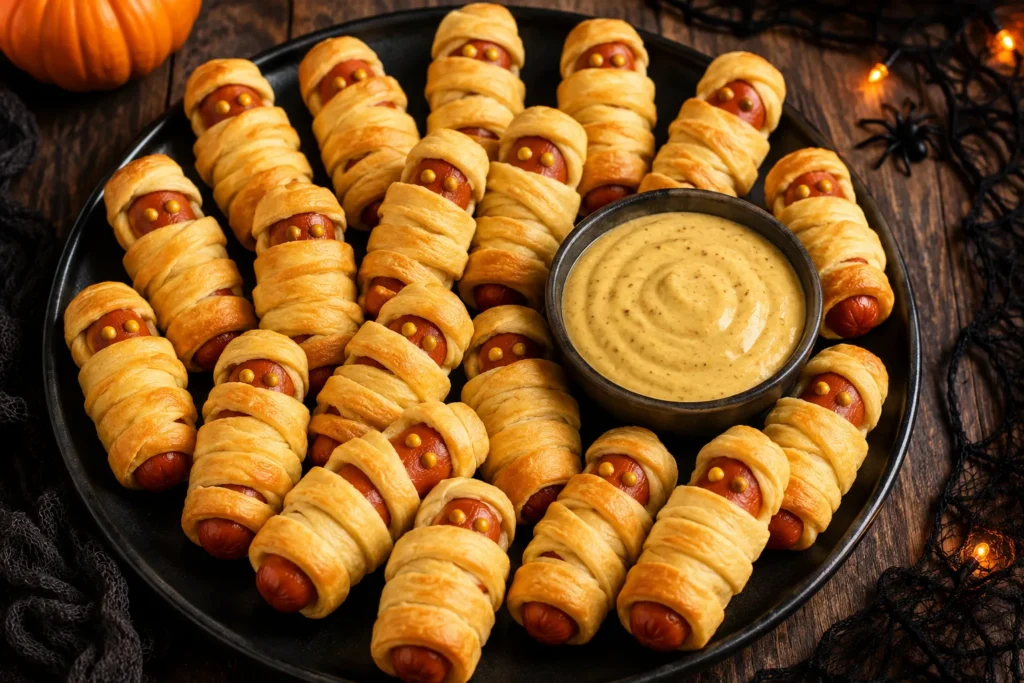 Halloween Hot Dog Mummies with a Sweet and Tangy Honey Mustard Dip