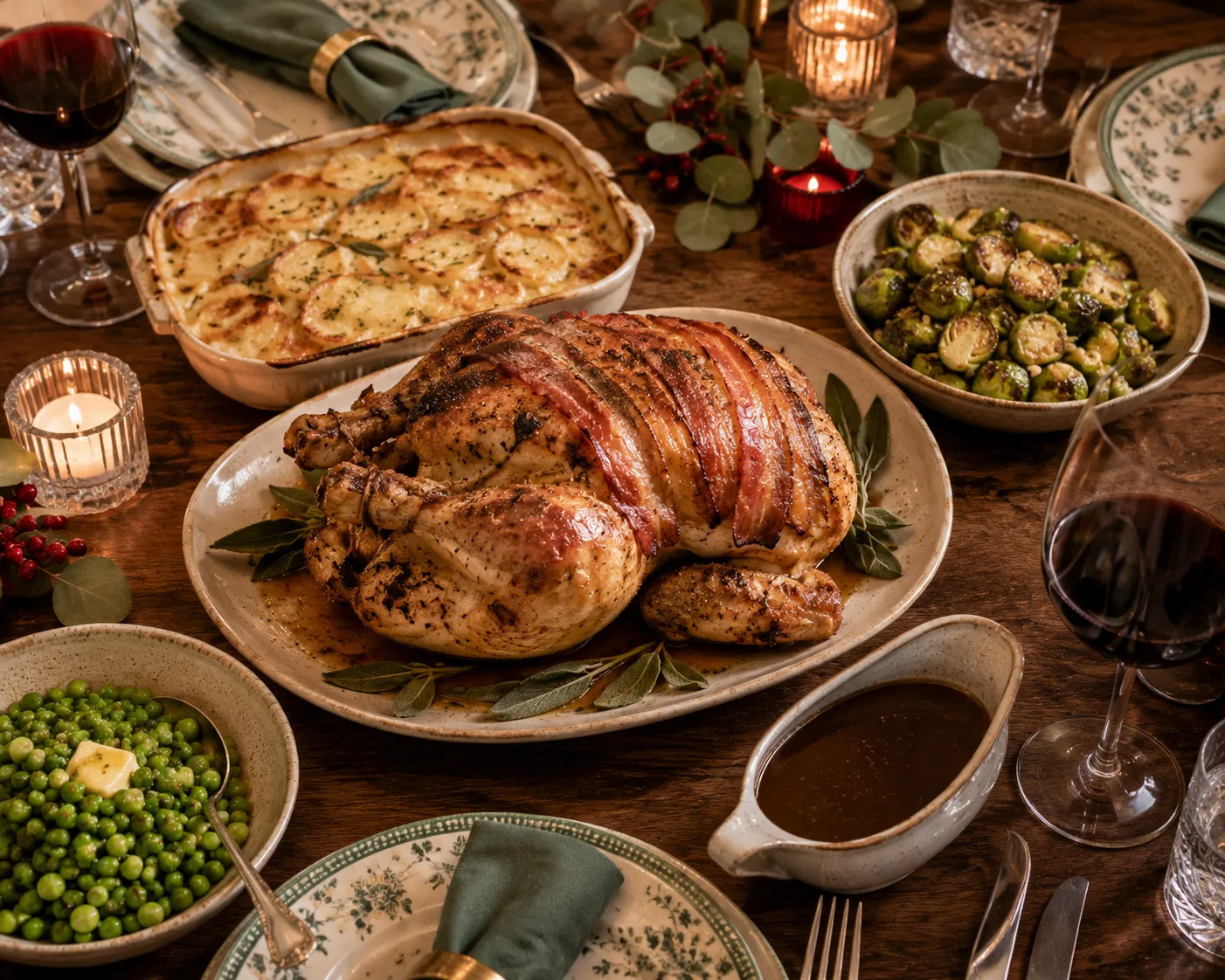 Bacon-Wrapped Roast Chicken with Sage Dauphinoise
