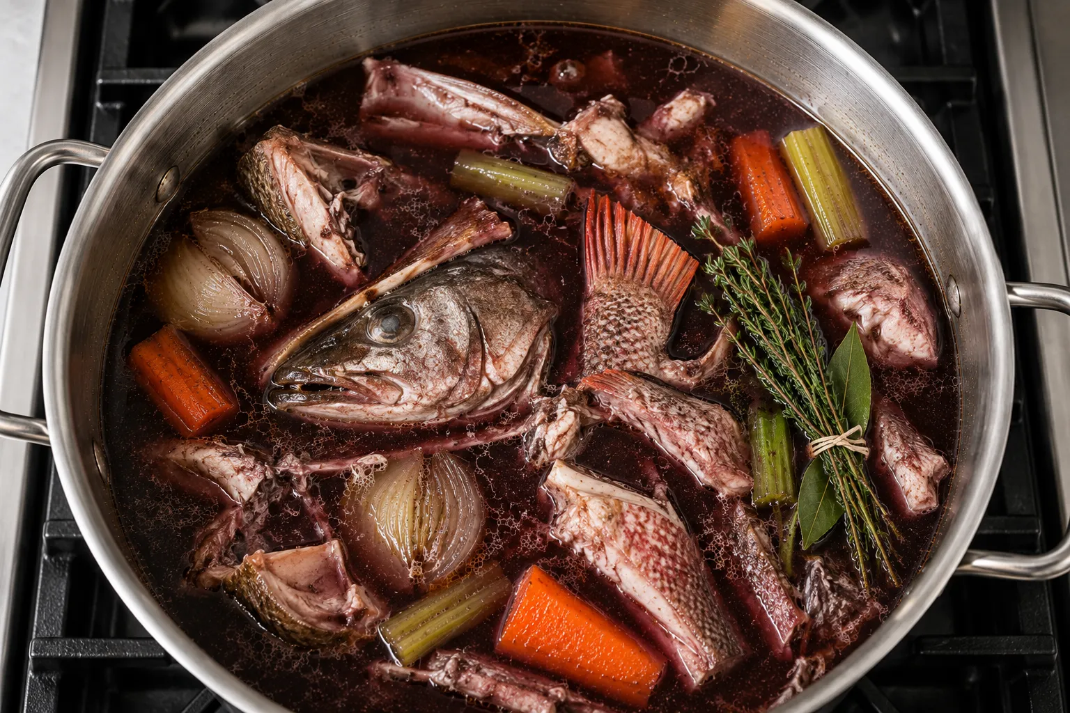 Fish Stock with Red Wine Escoffier style (Fonds de Poisson au Vin Rouge)