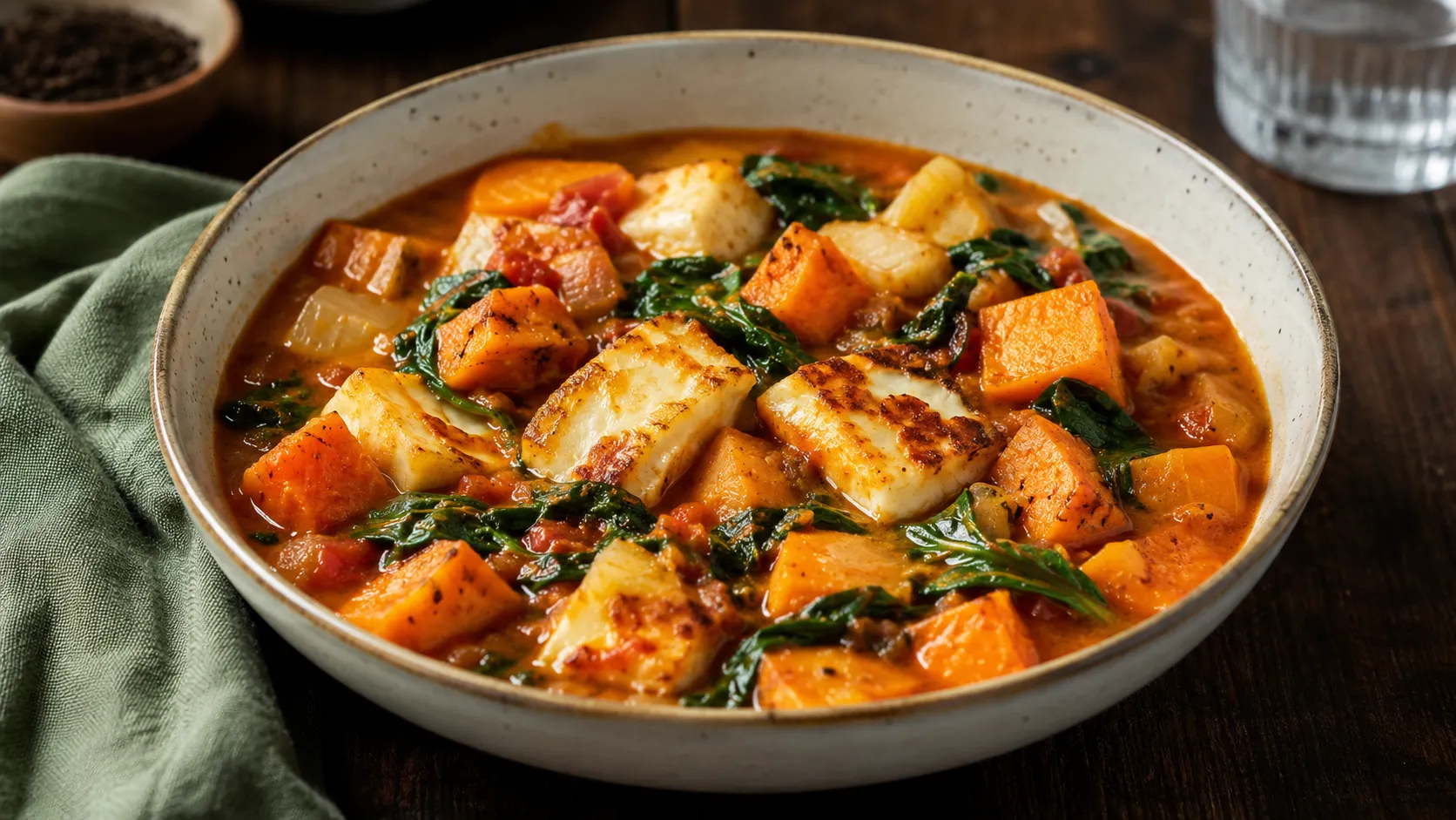 Hearty Sweet Potato and Halloumi Stew with Chickpeas and Ginger